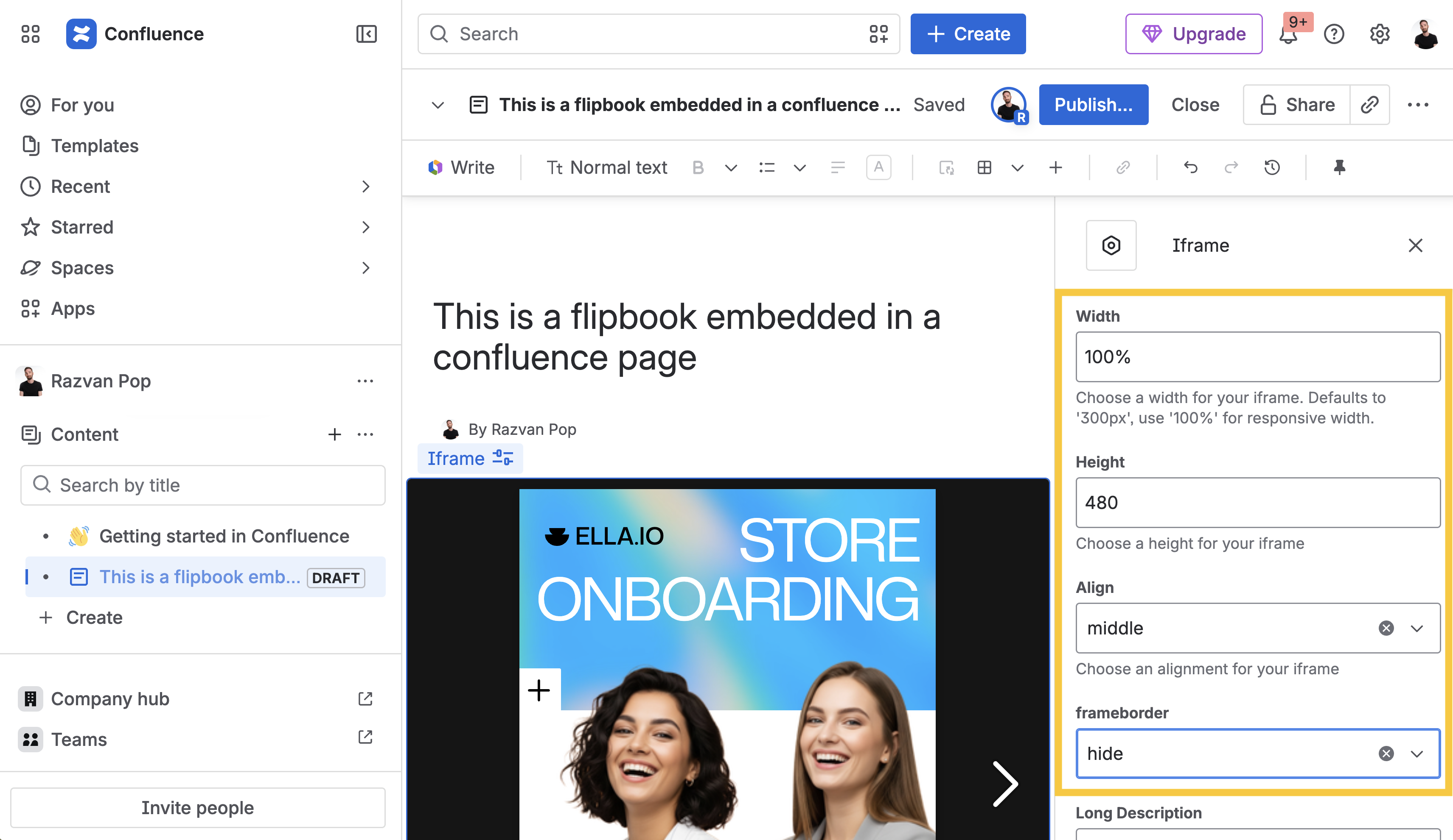 Adjust width and height in Confluence iframe settings