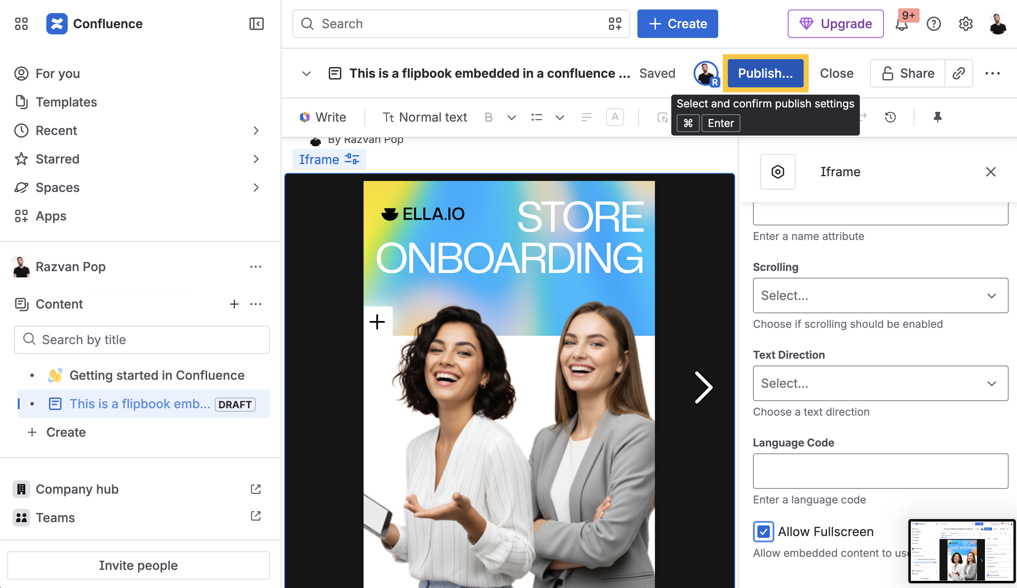 Publish the Confluence page with the embedded flipbook