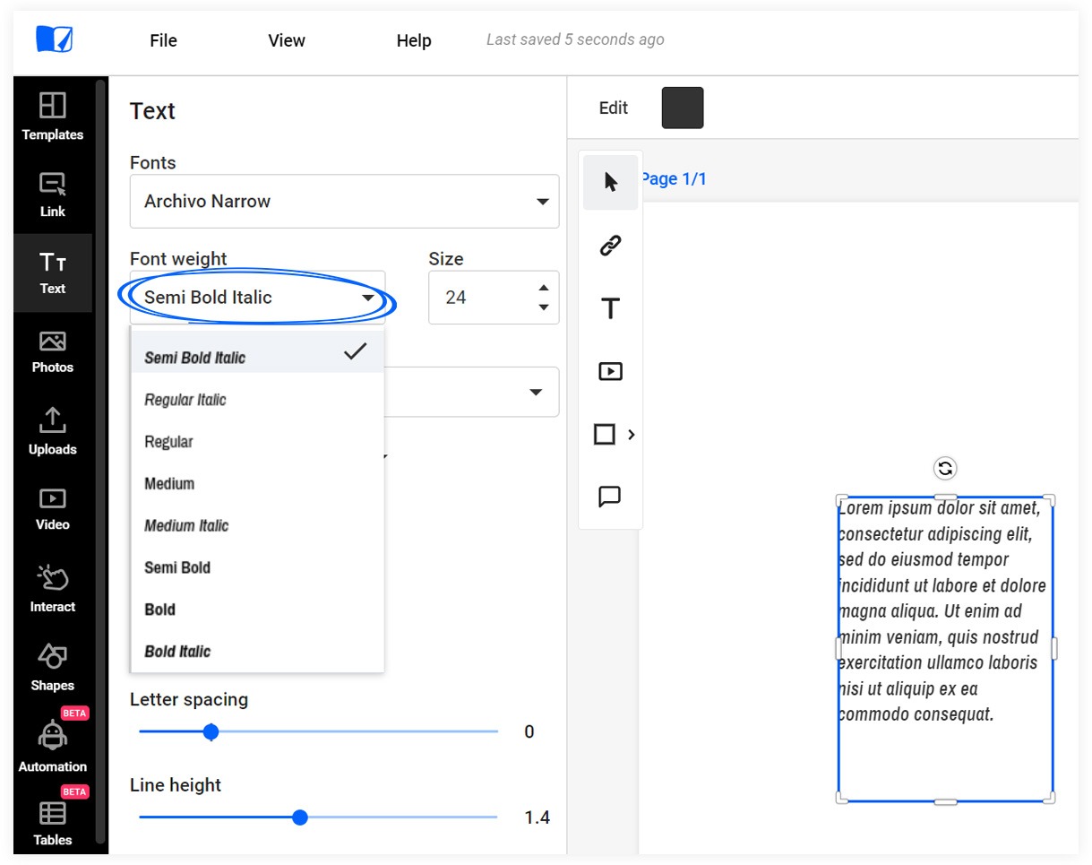 Different font weight options in Design Studio