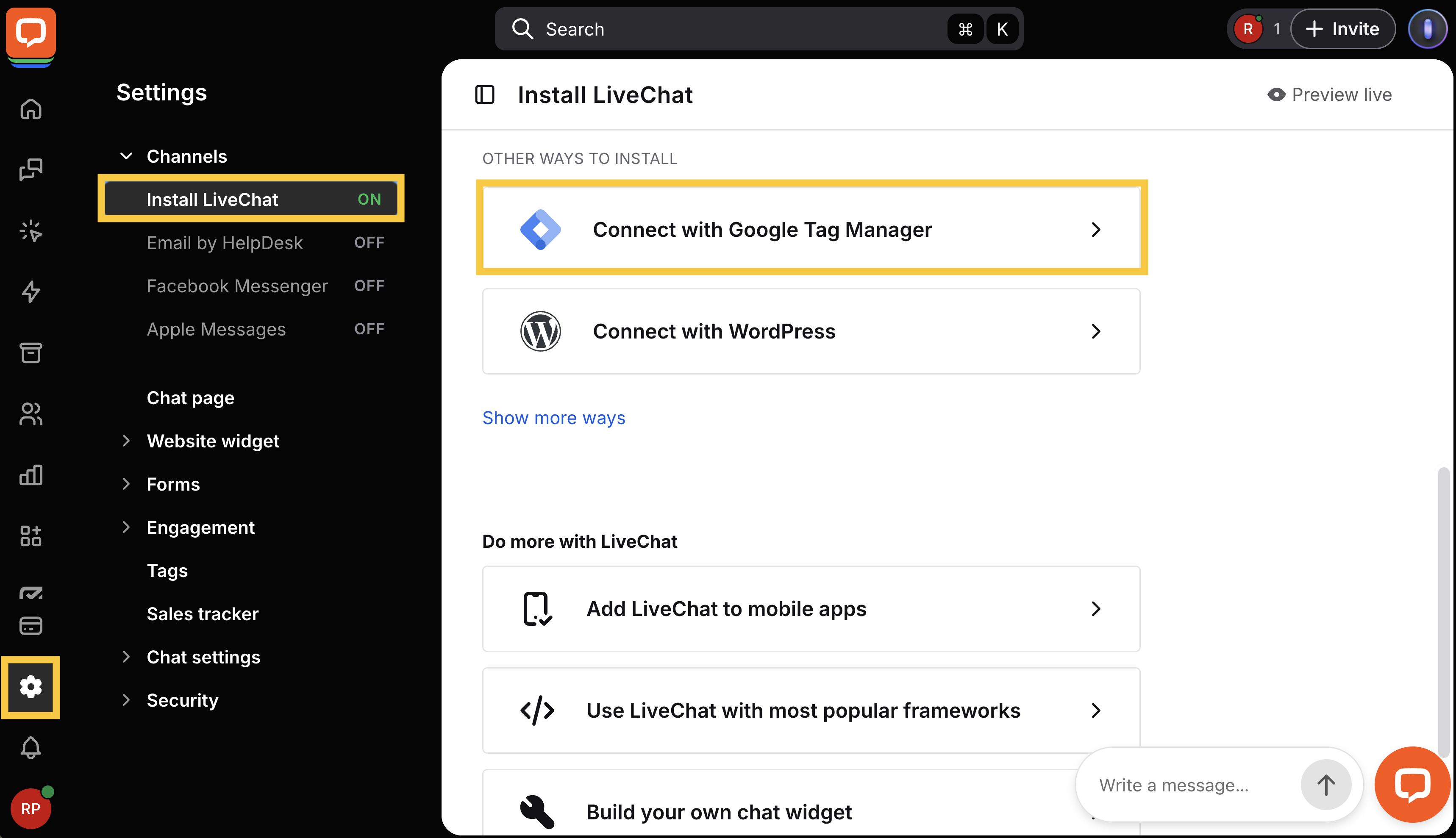 Navigate to Settings and select Google Tag Manager in LiveChat
