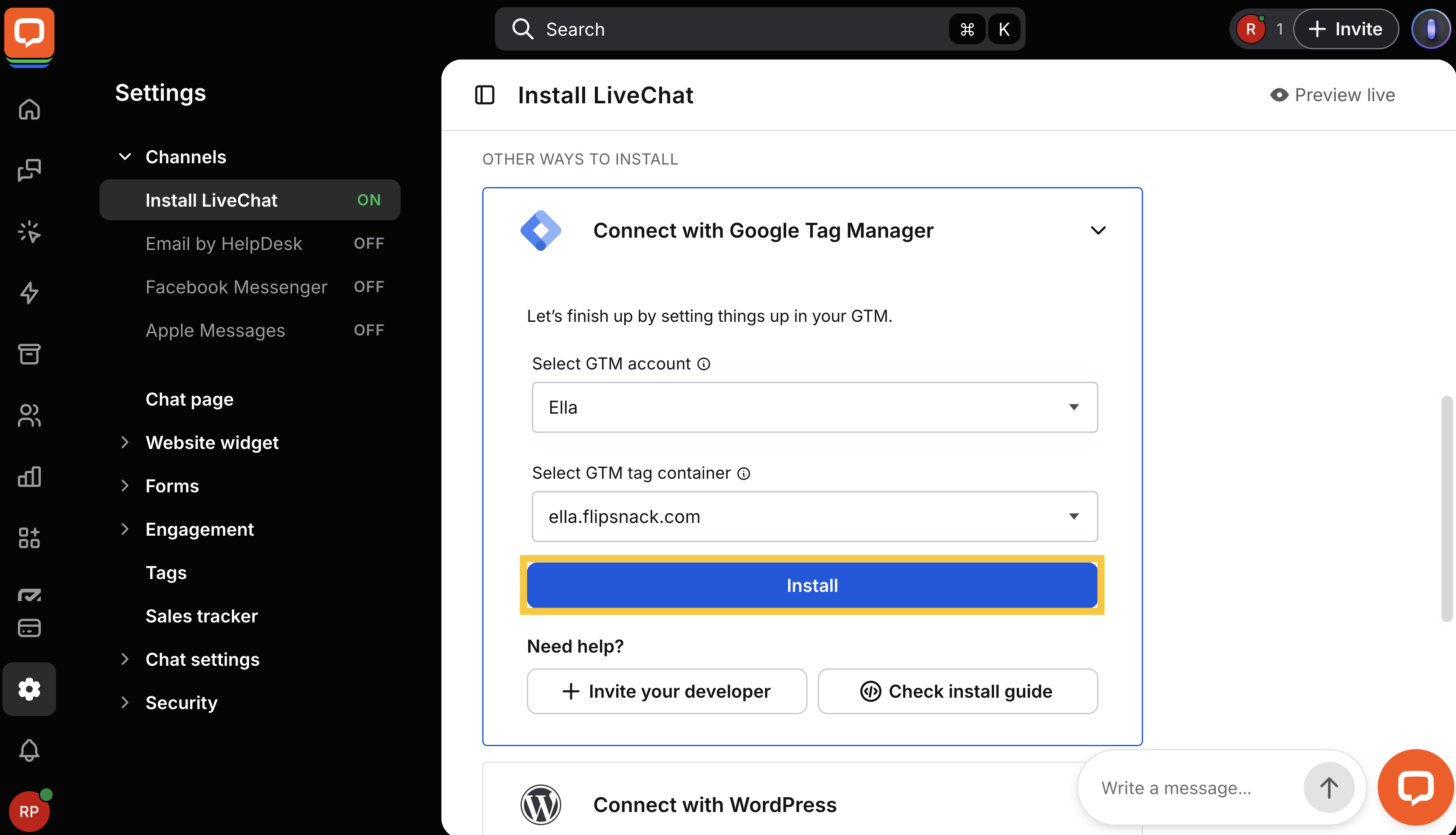 Select Google Tag Manager account and container