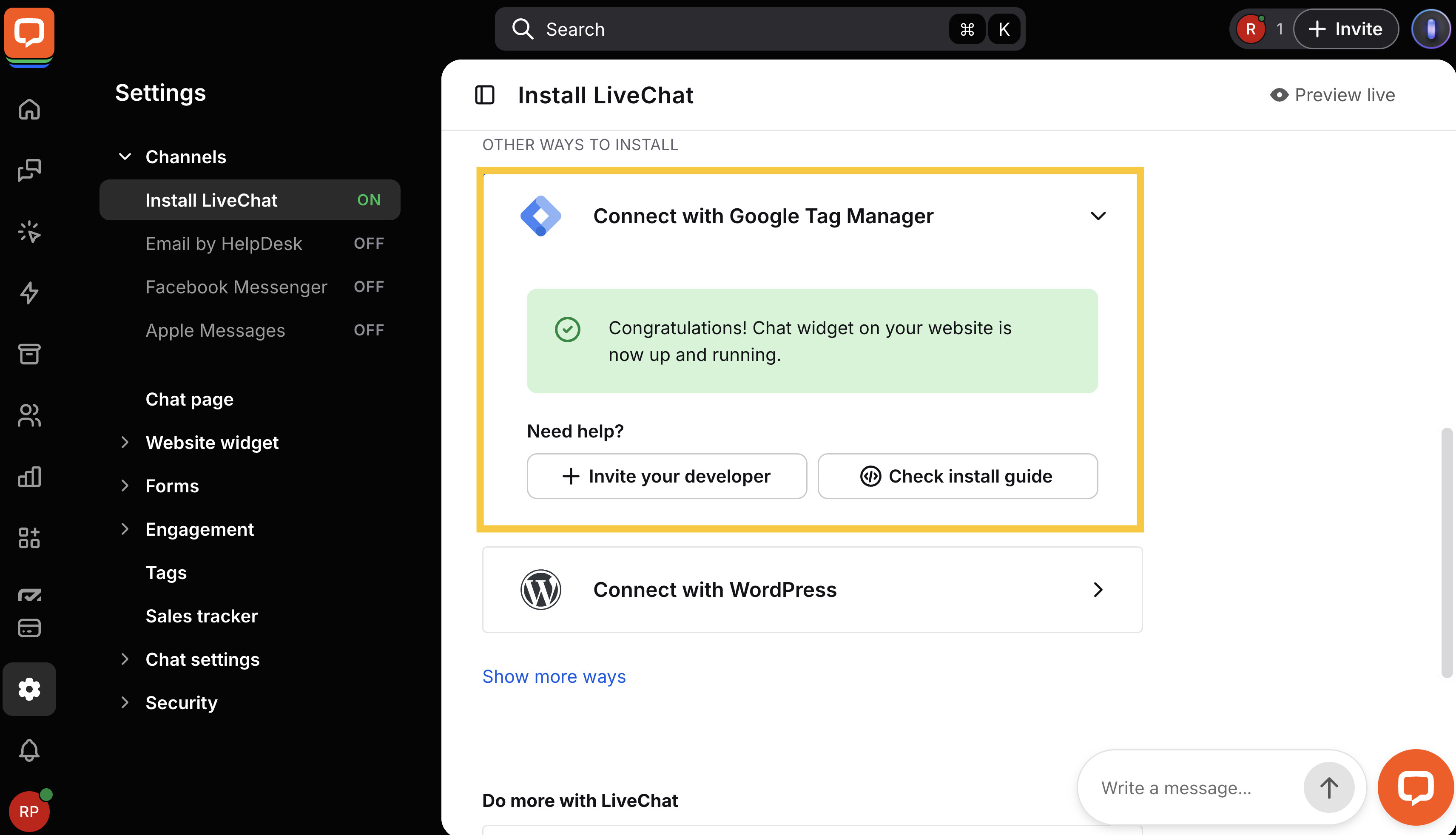 LiveChat installation success confirmation