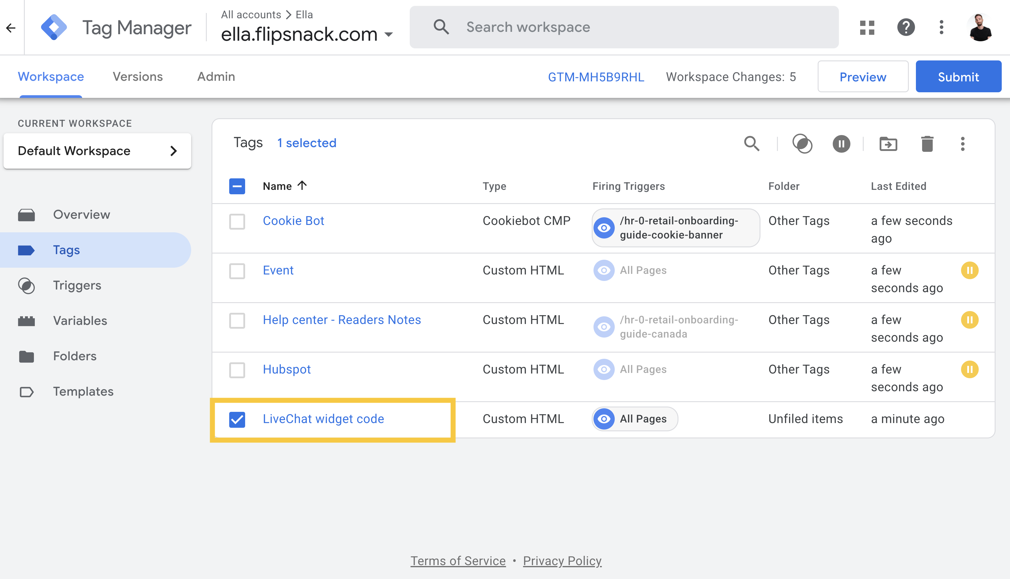 Verify LiveChat Tracking Code tag in Google Tag Manager