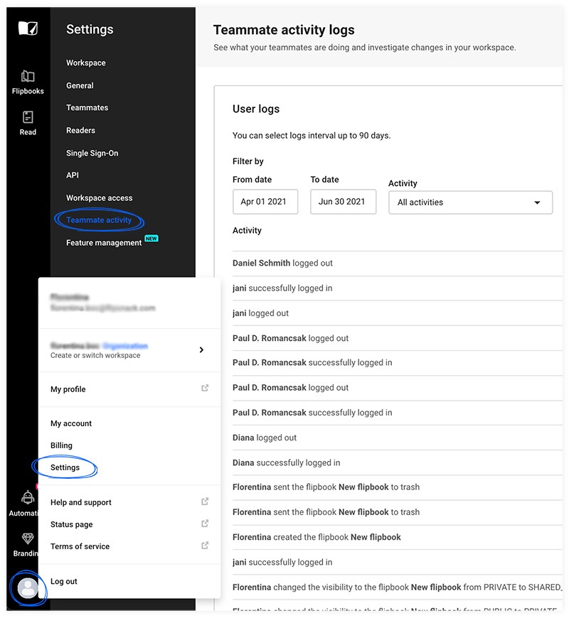 Teammate activity logs in Flipsnack