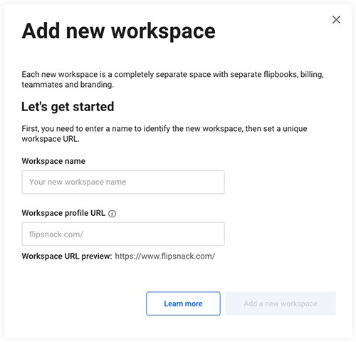Adding a new workspace in Flipsnack