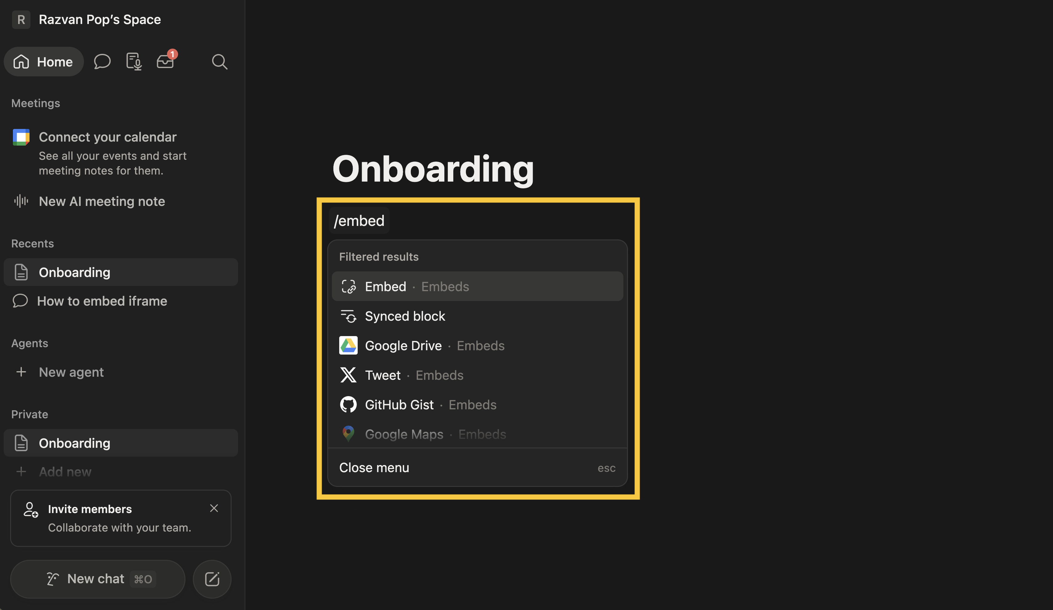 Pick the embed element from the Notion block menu