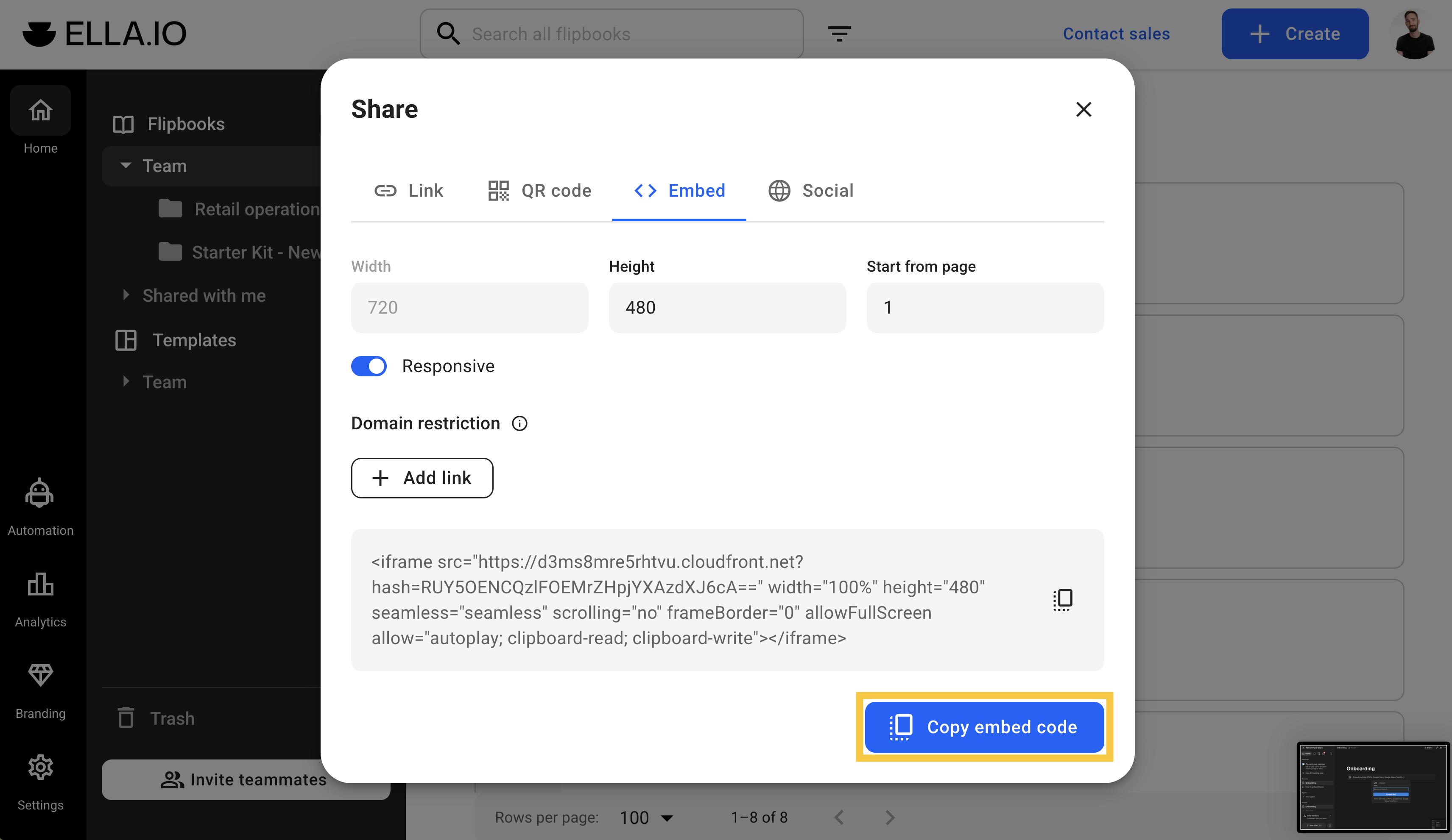 Copy the Flipsnack embed code from the pop-up