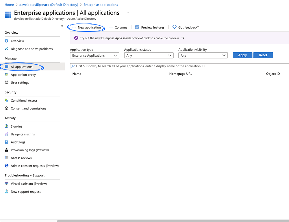 Making a new application and setting the enterprise applications