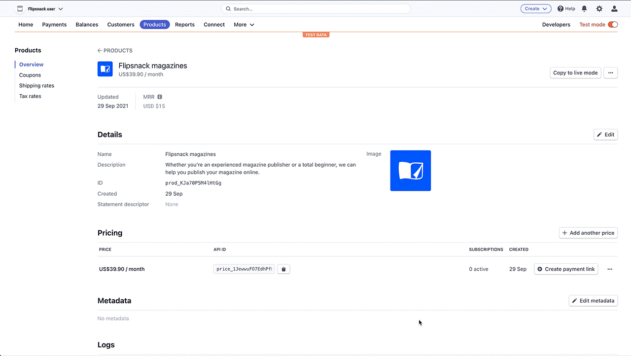 Setting up the price ID from stripe to Flipsnack