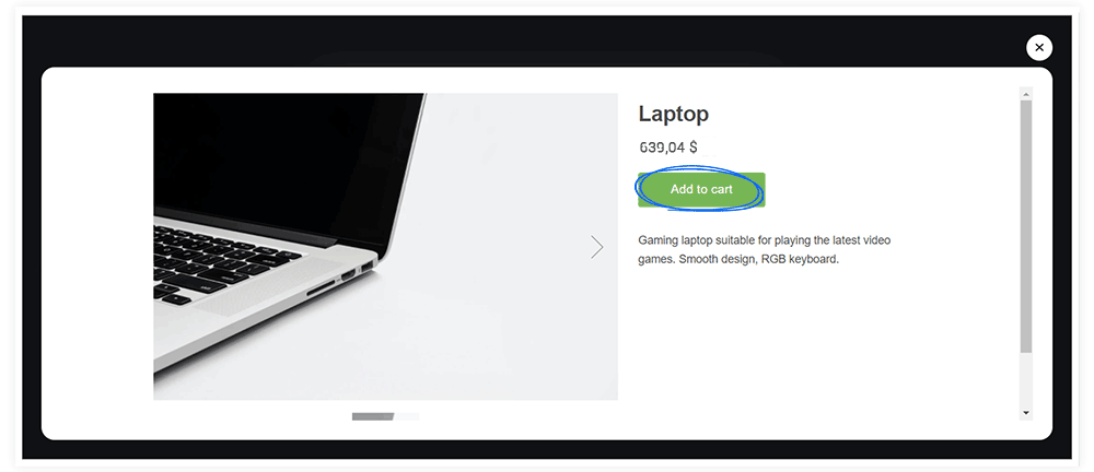 How the Shopify button will look like in the popup frame when clicked on