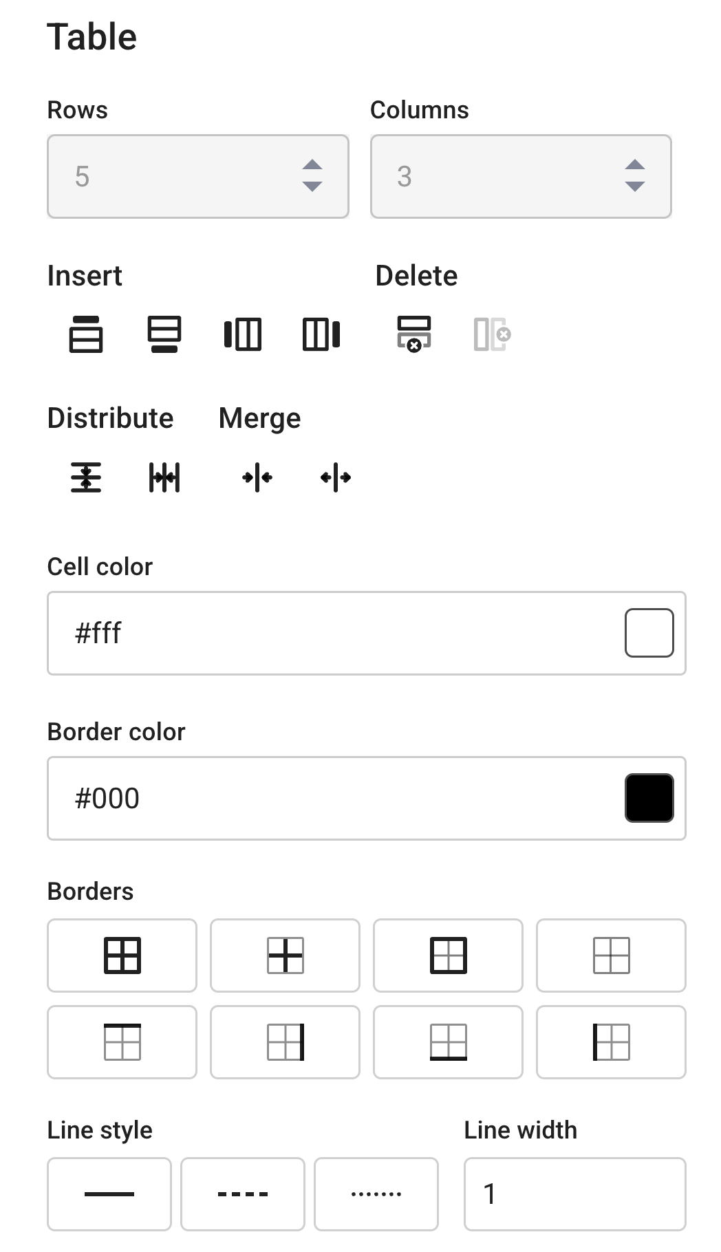 Complete view of the Table settings panel displaying general rows, columns, alignment, color customization fields, and grid layout presets.