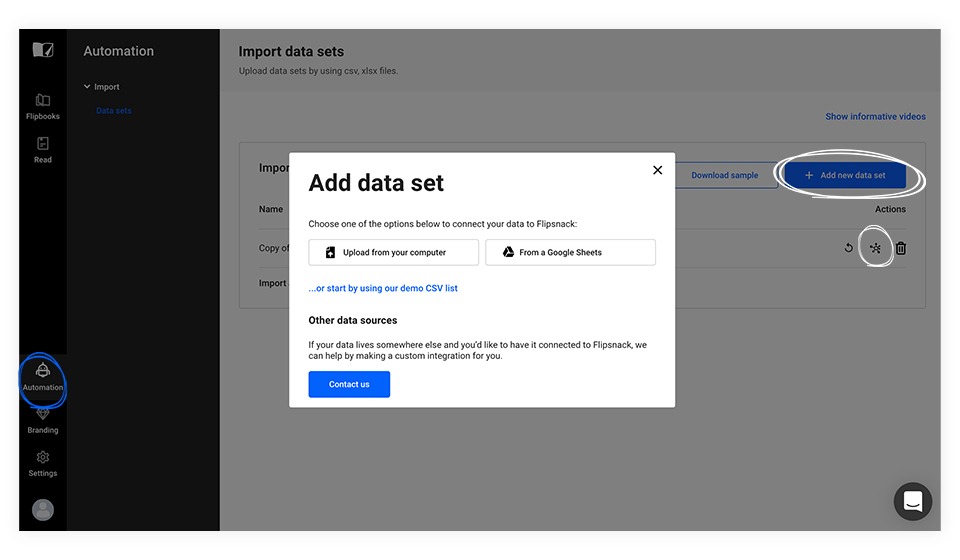 Adding a data set presented in Flipsnack's app