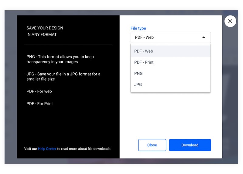 Different PDF download options available in Flipsnack