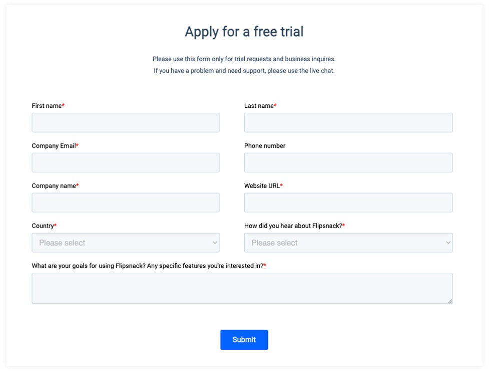 apply for a free trial menu flipsnack