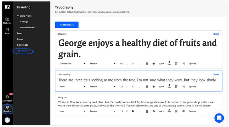 typography options in flipsnack design studio