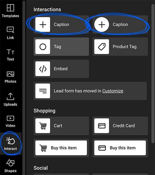 The two caption options available in Design Studio