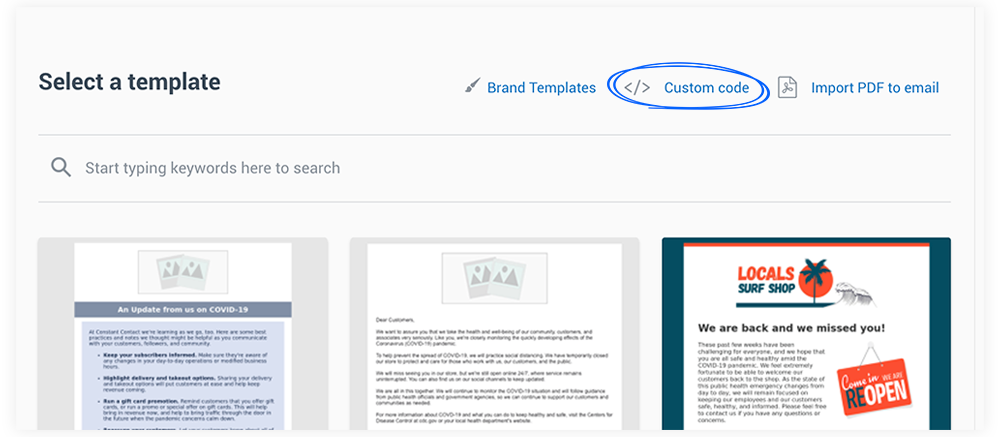 Selecting a template in Constant Contact