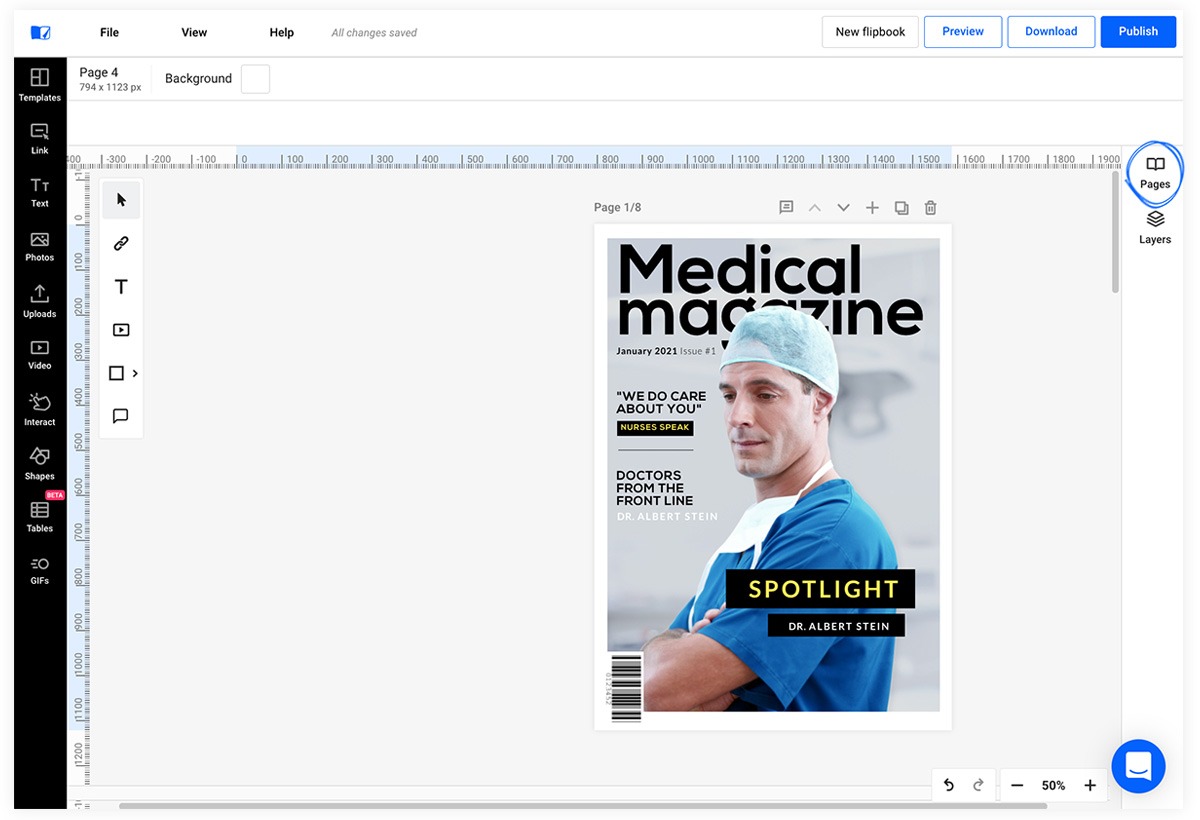 medical magazine template being edited in flipsnack