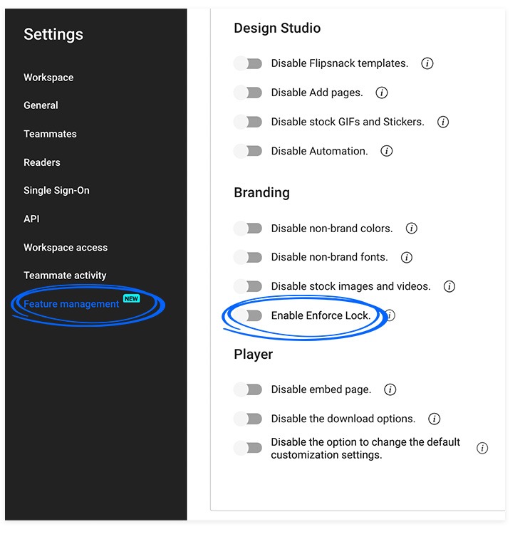 Enabling the enforce lock option in feature management in Flipsnack