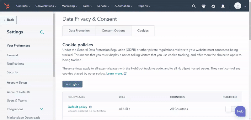 cookie policy settings in hubspot