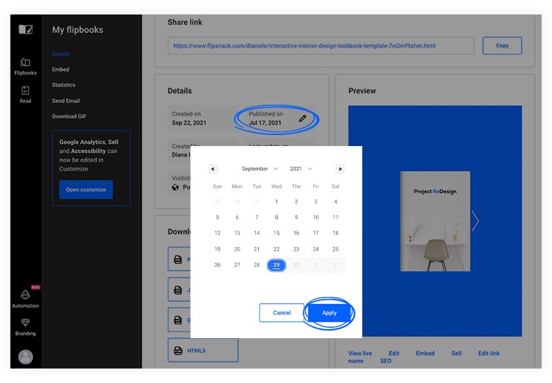 How to change the publication date of a flipbook in Flipsnack