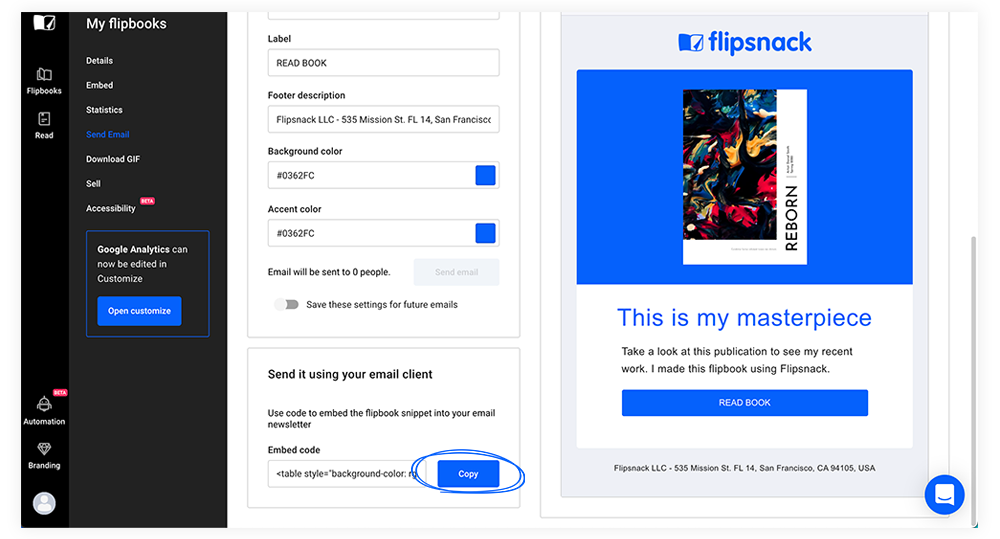 Copying the embed code of the flipbook form Flipsnack