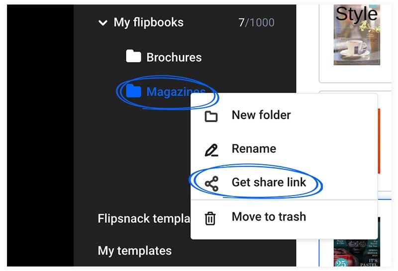 The get share link option in Flipsnack