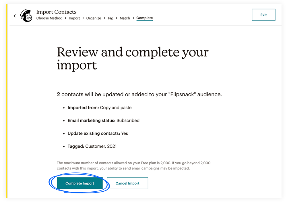 Completing the import of the audience in Mailchimp