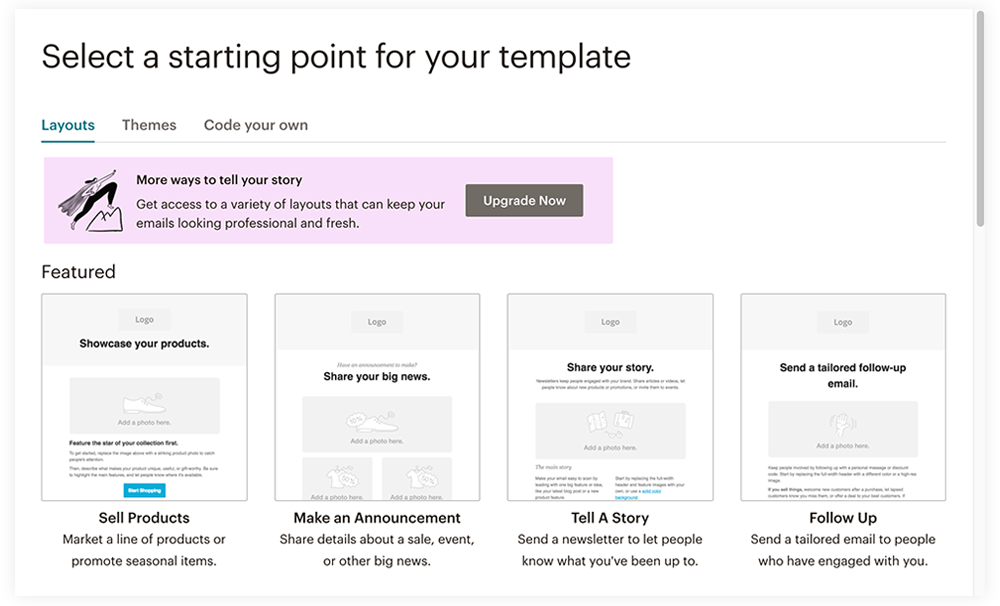 Selecting a layout or theme for the template in Mailchimp