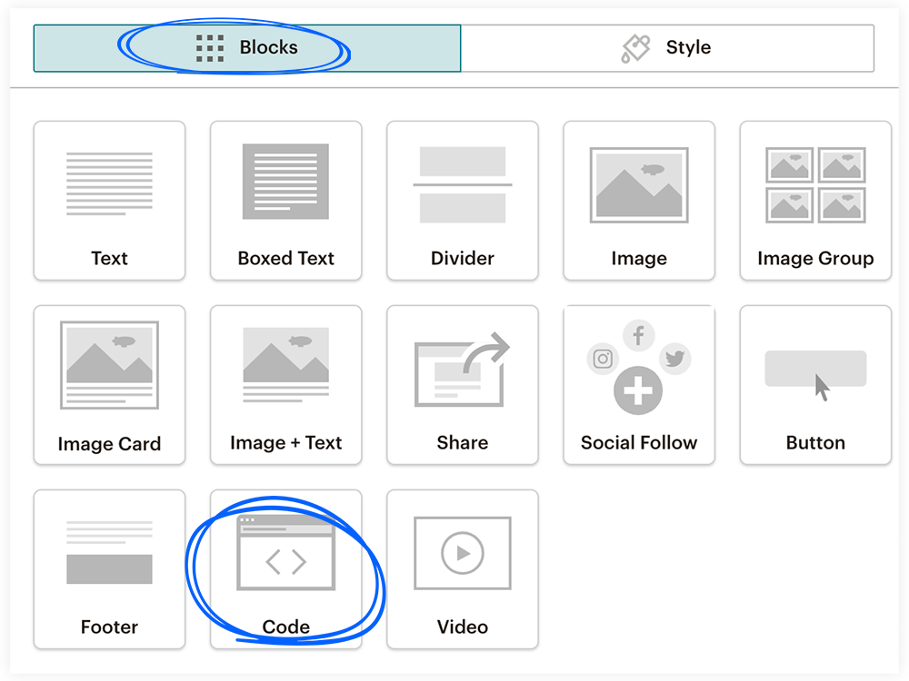 Select the block option and the code in Mailchimp