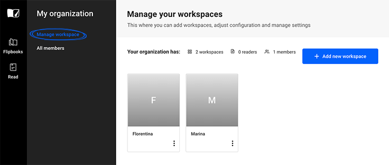 Manage workspace section in Flipsnack