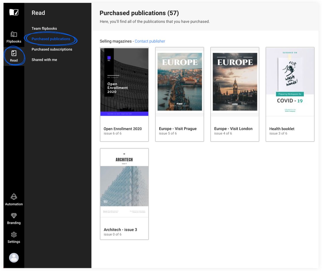 The place where you can find your purchased publications in Flipsnack