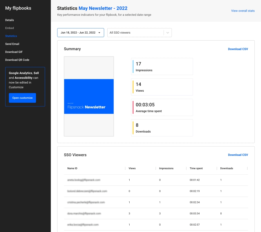 The statistics you can check in Flipsnack