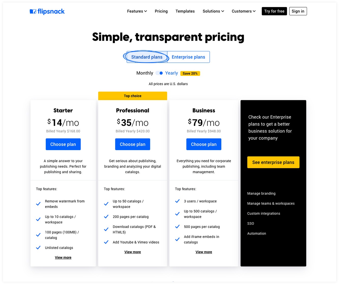 pricing plans in flipsnack