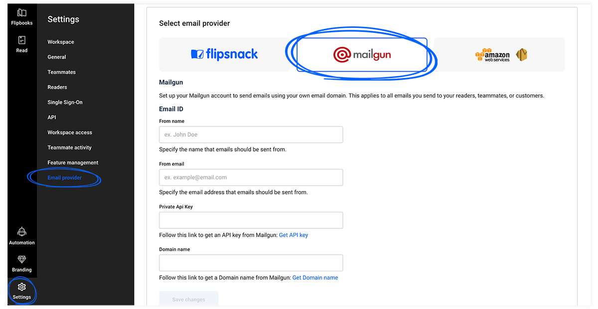 Mailgun email provider in Flipsnack