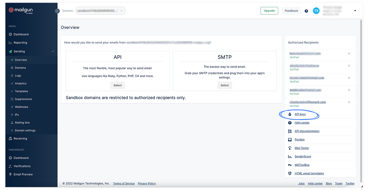 API key in Mailgun